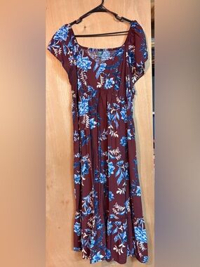 Terra & Sky Maroon Maxi Dress with Blue Floral Print